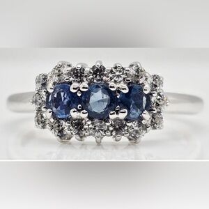 1.05 ctw Sapphire and Zircon Halo Ring In Rhodium Dipped Sterling Silver. Size 7